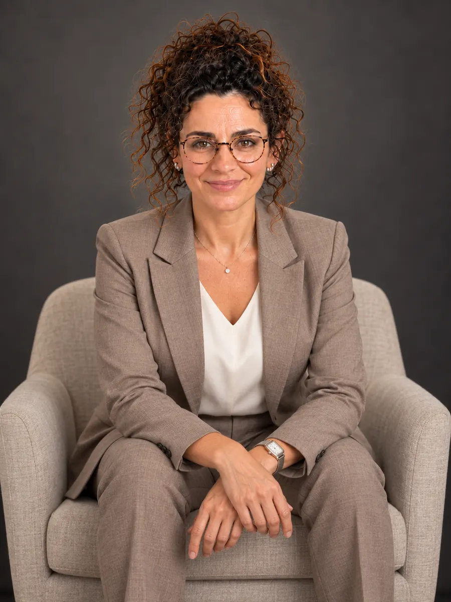 Retrato de Mariana Azevedo sentada em uma poltrona